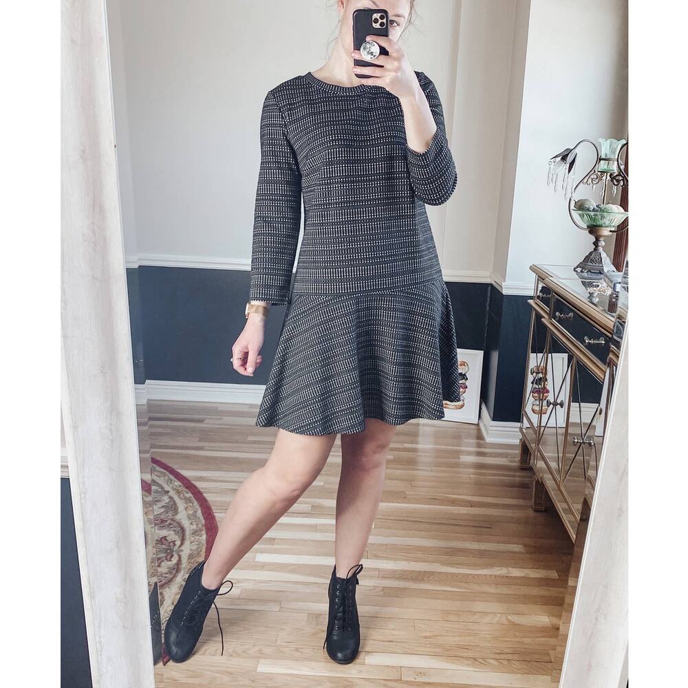 Loft black and white striped long sleeve flounce dress